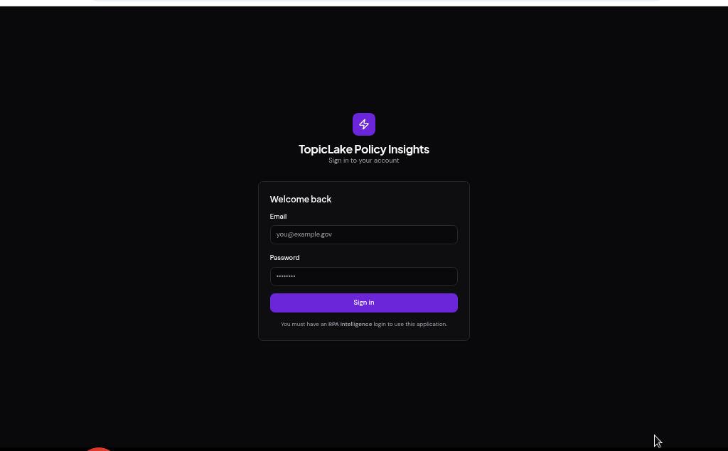 The TopicLake Policy Insights sign-in screen